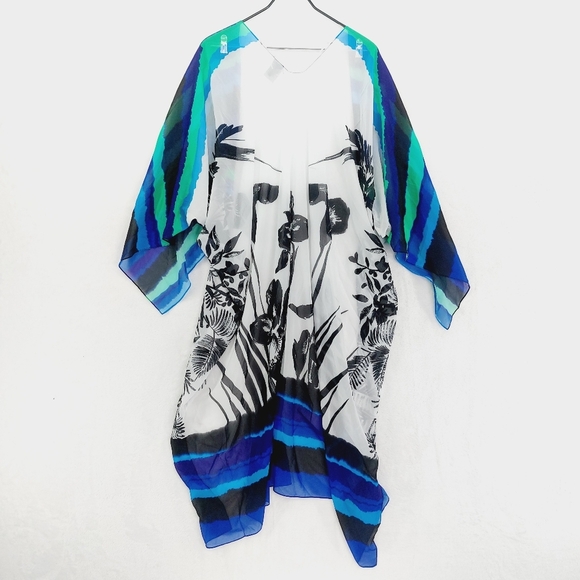 Express One Size Sheer Kimono with Graphic Print and Striped Sleeves P5200 - Picture 5 of 8